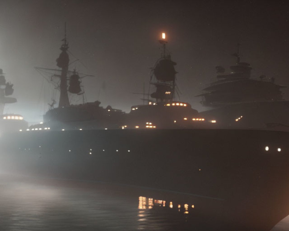 Illuminated warships on foggy night with modern and older vessels