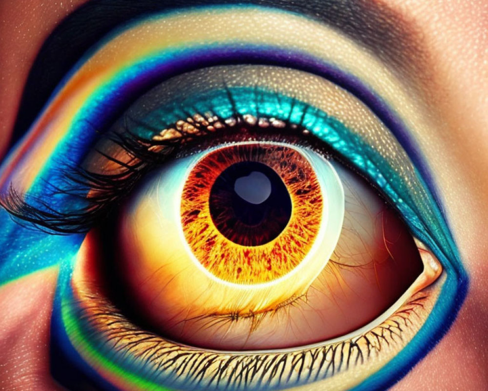 Close-up of human eye with vibrant rainbow-colored makeup and detailed iris.