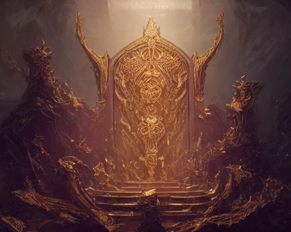 Golden ornate throne in mystical chamber with intricate patterns and ethereal light.