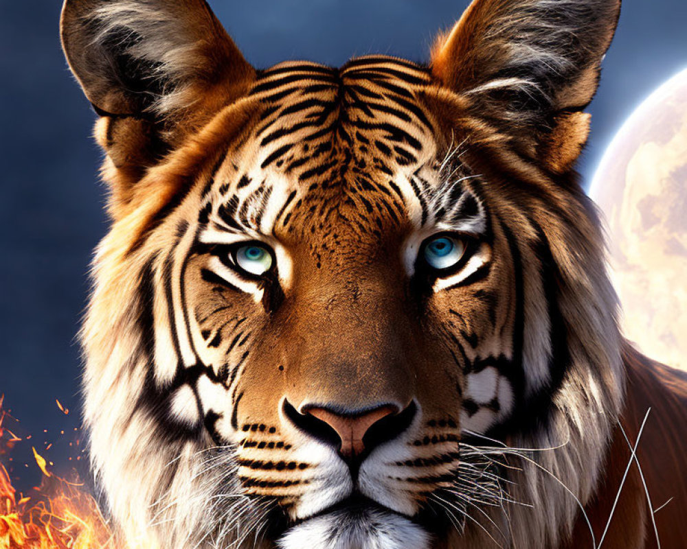 Digital artwork: Tiger with blue eyes, fiery foreground, moonlit sky