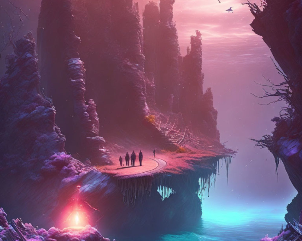 Silhouetted figures on cliff in mystical landscape with neon river