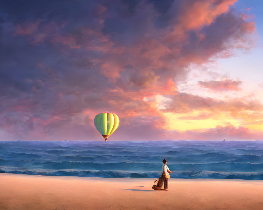 Figure on sandy shore gazes at hot air balloon over tranquil sea at sunset