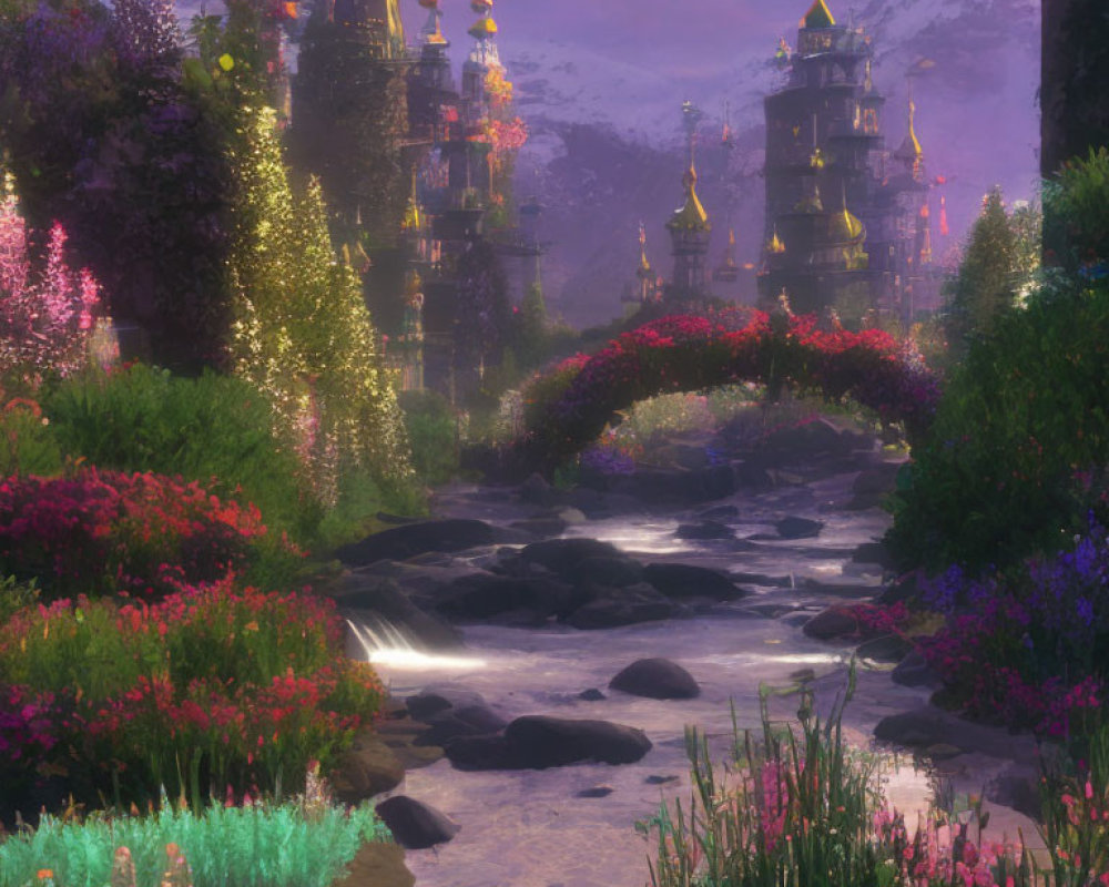 Fantasy landscape with ornate towers, bridge, colorful flora, mountains at dusk