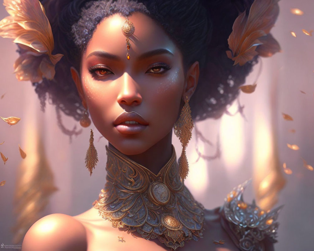 Intricate digital art portrait of a woman with gold jewelry and feathers