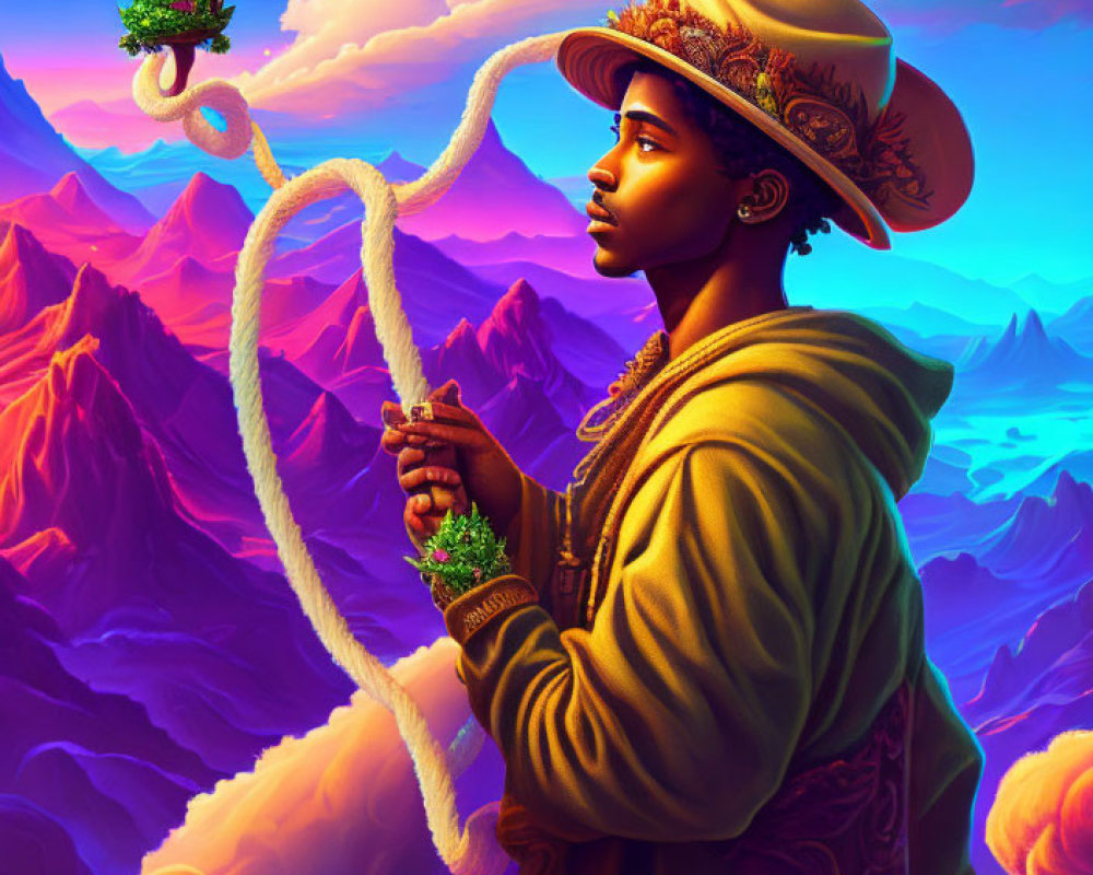 Person in straw hat plays flute in surreal mountain landscape