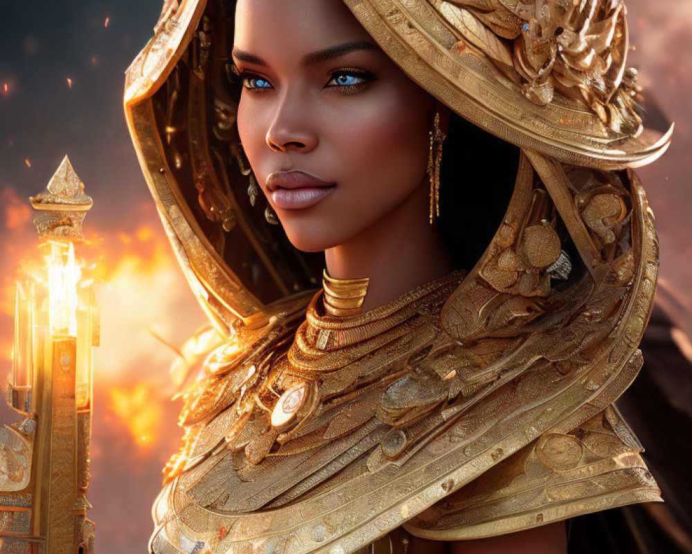 Regal woman in golden headdress with lantern against warm backdrop