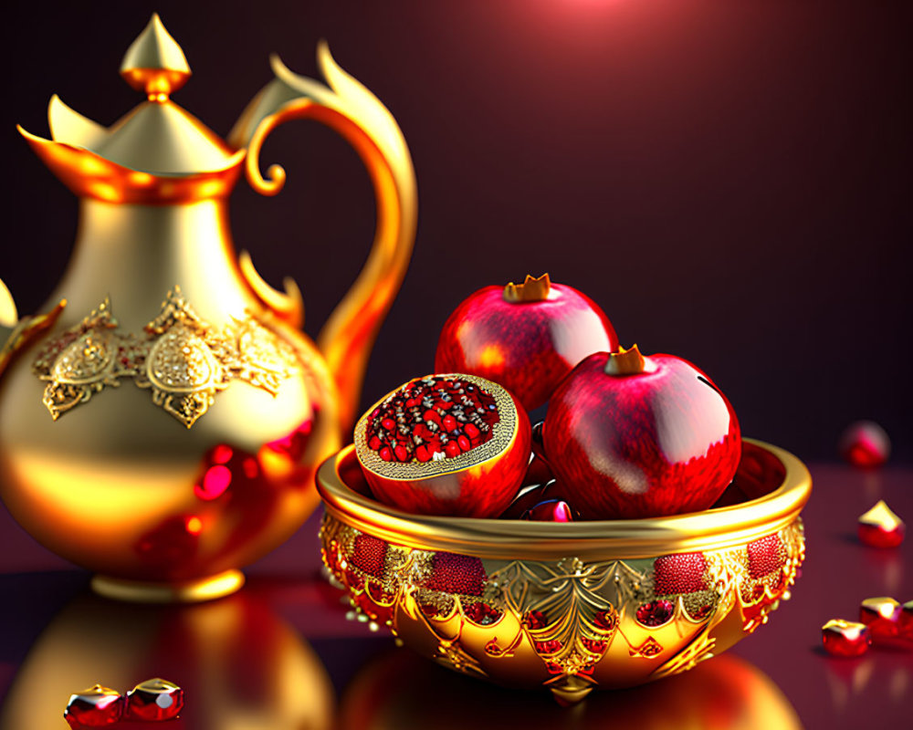 Golden Teapot and Bowl with Pomegranates on Dark Red Background