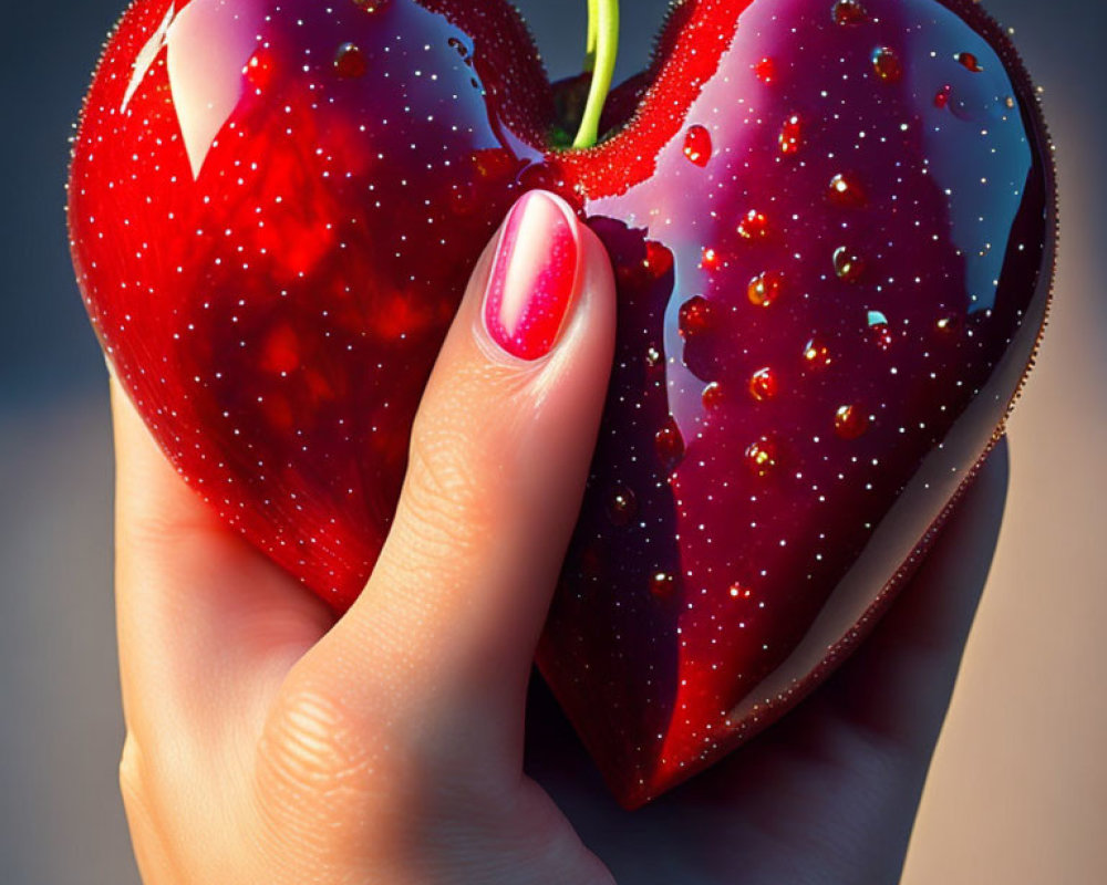 Pink Manicured Hand Holding Heart-Shaped Strawberry