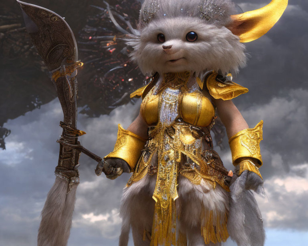 Golden-armored furry creature with spear in hand under dramatic sky.