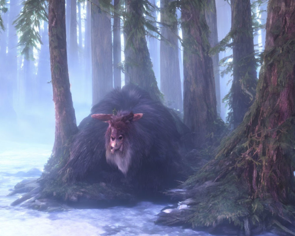 Mystical furry creature with horns in foggy forest scenery