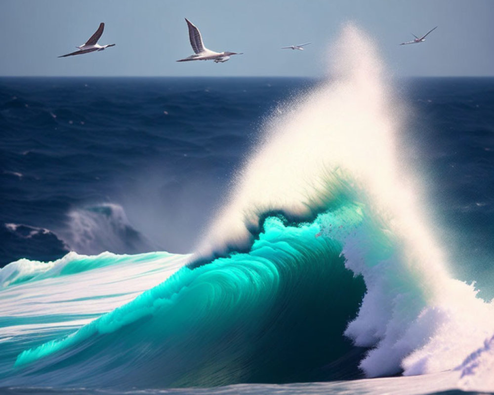 Dramatic sea wave with soaring seagulls against deep blue ocean
