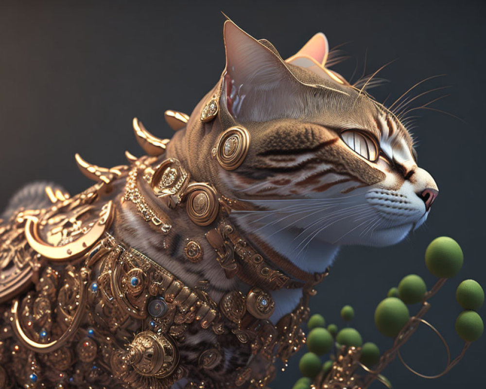 Steampunk-style armored cat in digital art