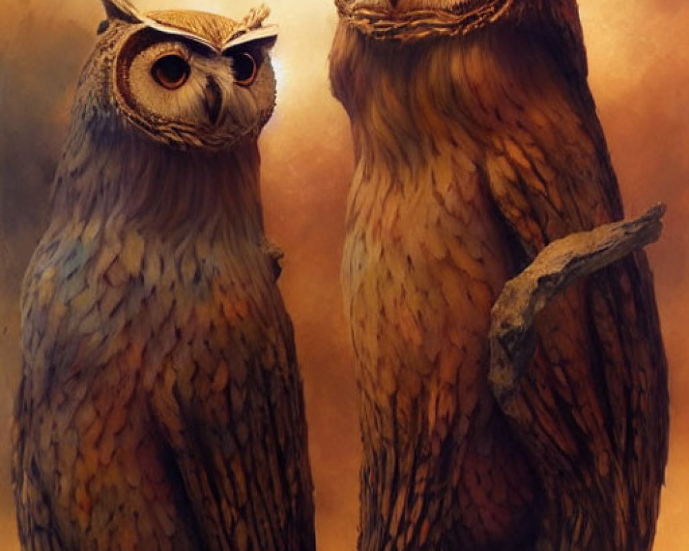 Stylized owls with expressive eyes on branch against misty background