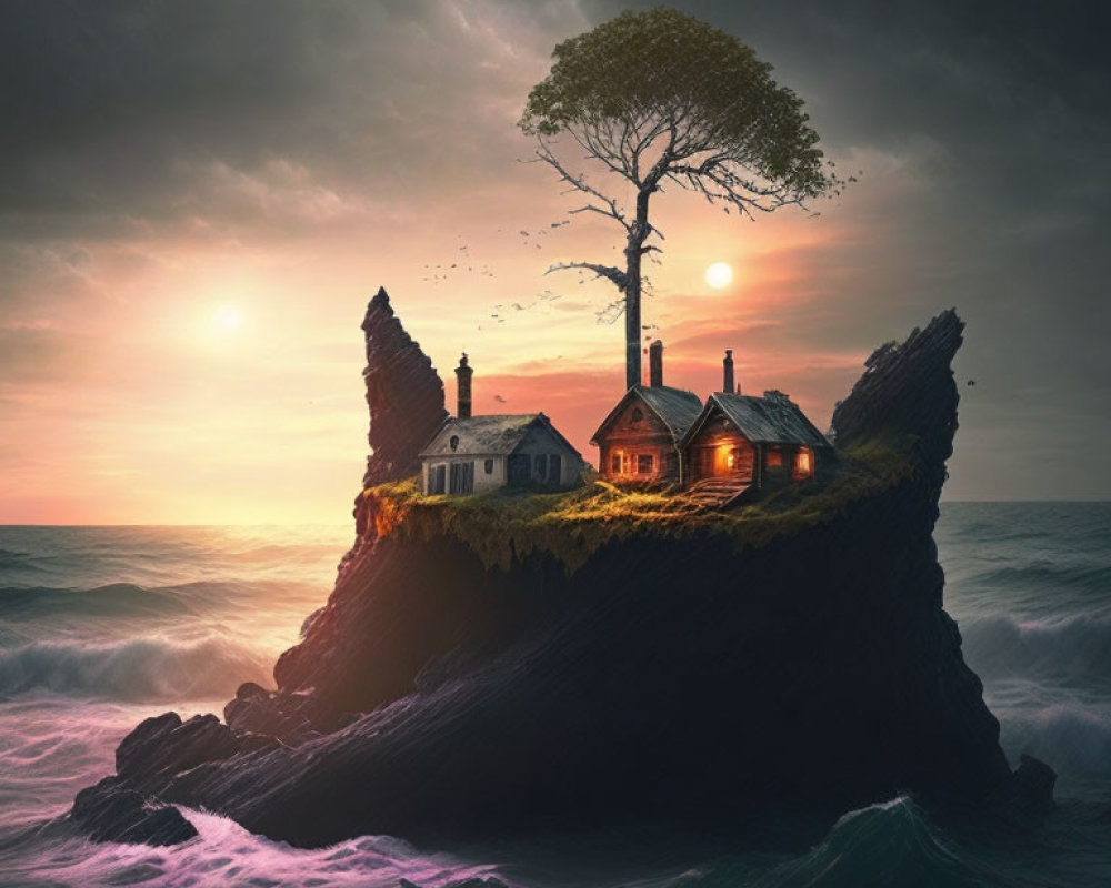 Tranquil sunset seascape with rocky island, house, and lighthouse