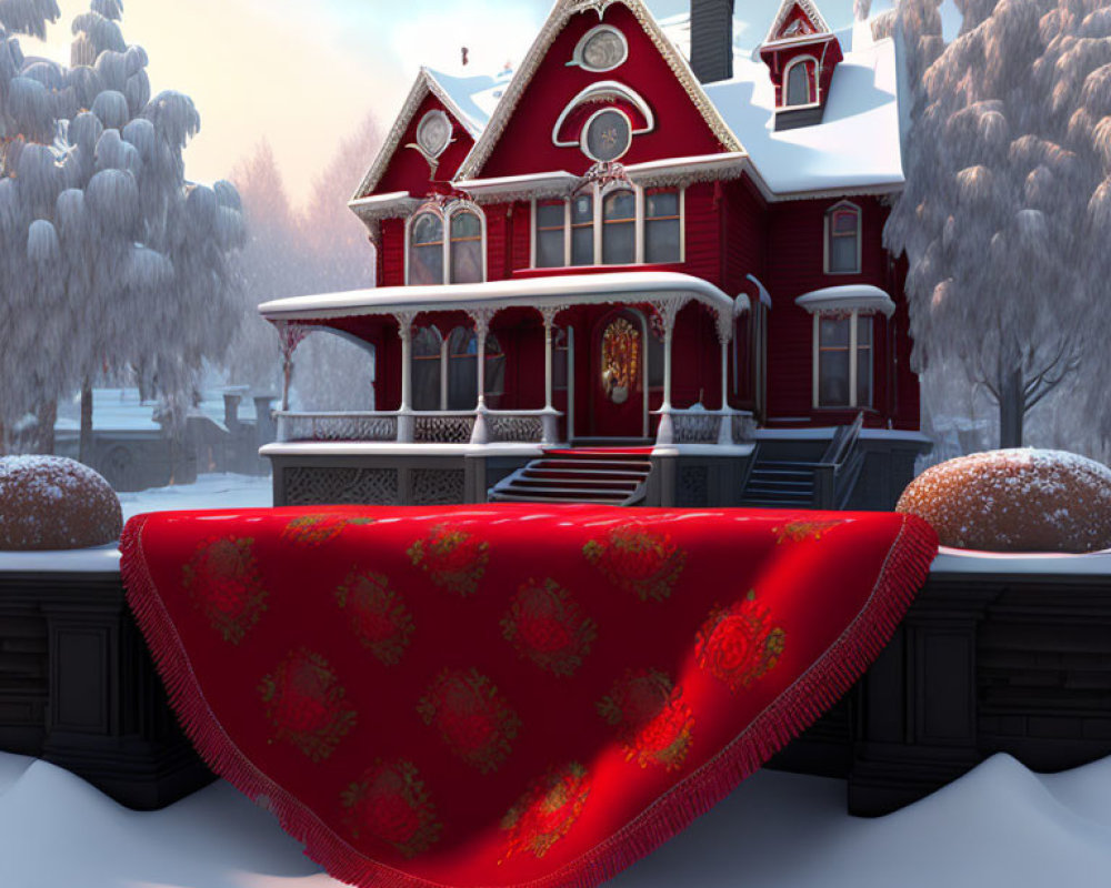 Victorian-style house with red blanket facade in snowy winter scene