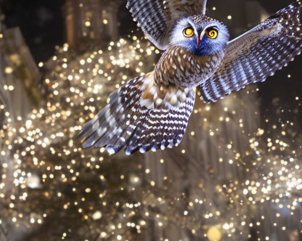 Nocturnal owl flying over snowy city street at night