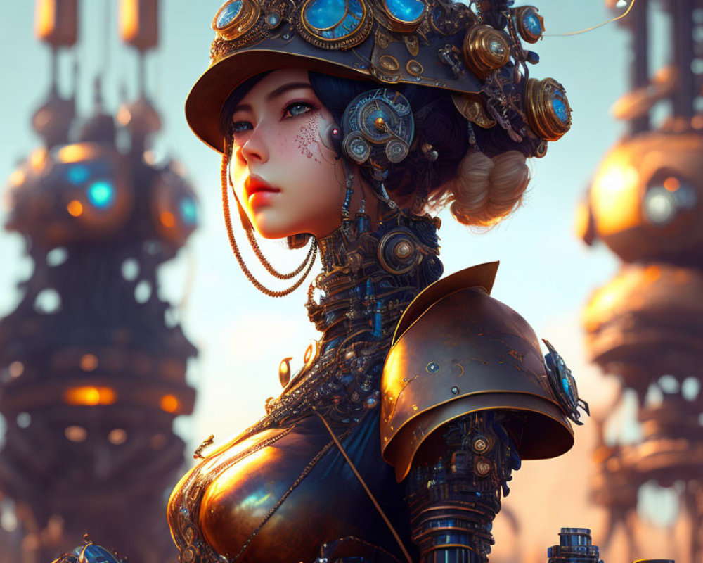 Steampunk-themed portrait of woman in gear-adorned attire with industrial backdrop