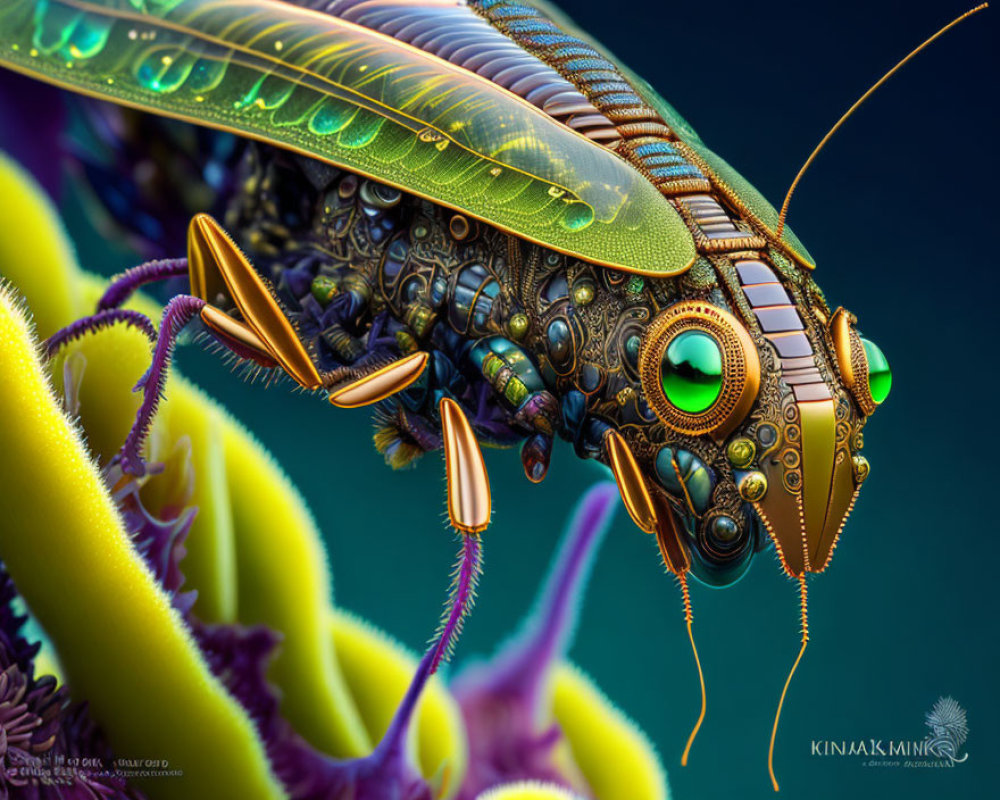 Detailed digital rendering of a mechanical insect with green eyes, gold wings, and metallic body on a plant
