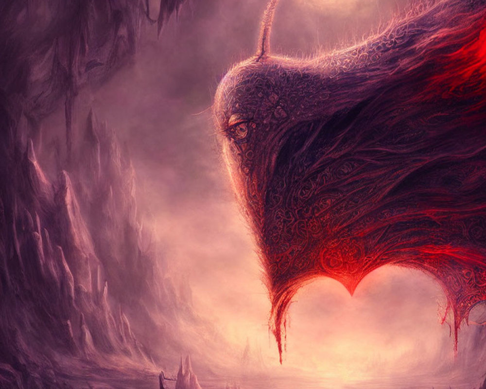 Solitary figure confronts majestic dragon in mystical cavern landscape