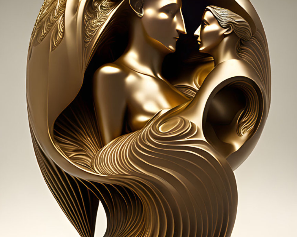 Intricate Golden Sculpture of Two Embracing Figures