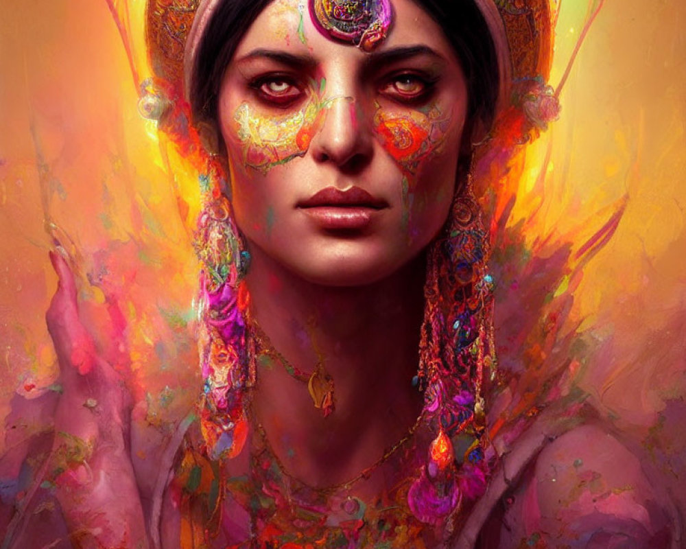 Colorful portrait of woman with gem-adorned headgear and face paint