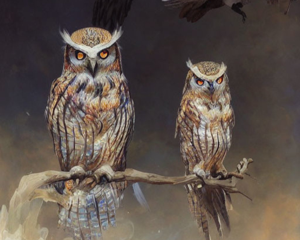 Ethereal owl duo on branch with shadowy bird of prey in cloudy backdrop