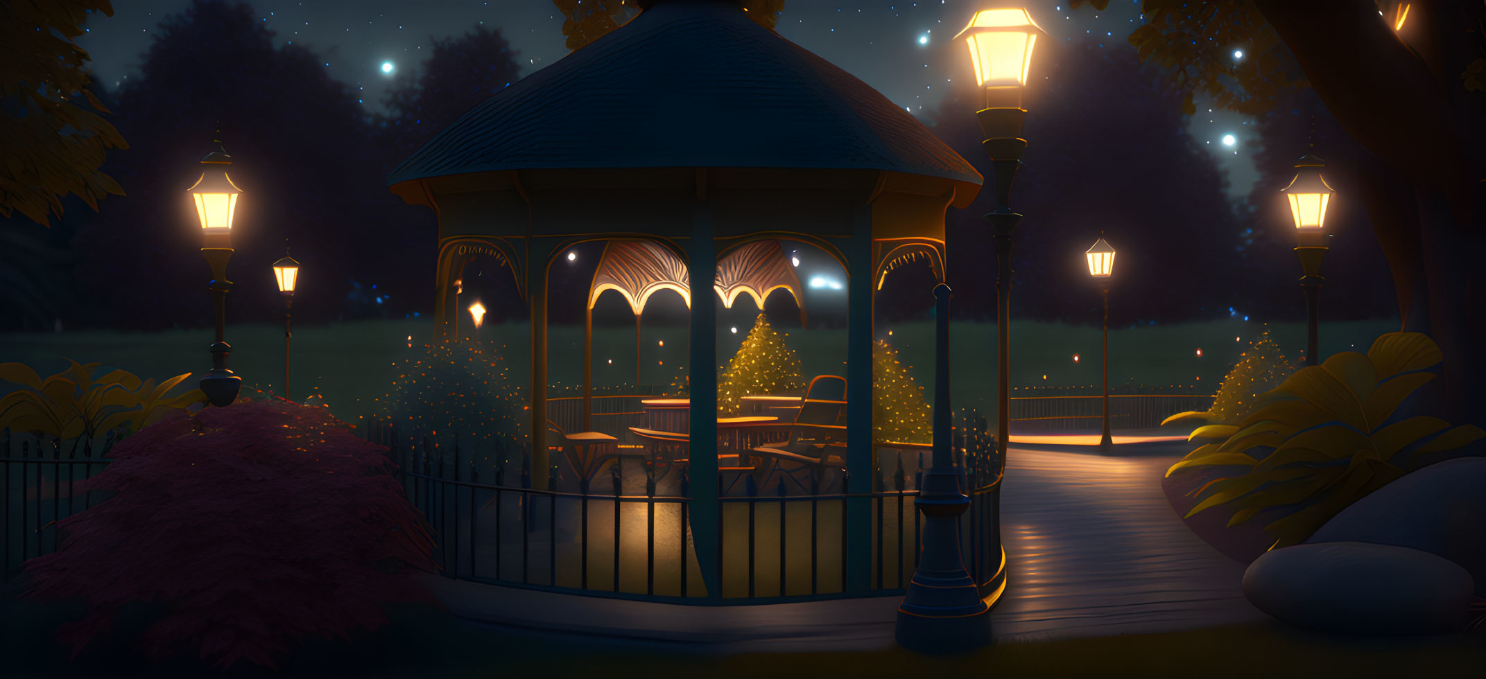 Tranquil night scene with lit gazebo and glowing street lamps