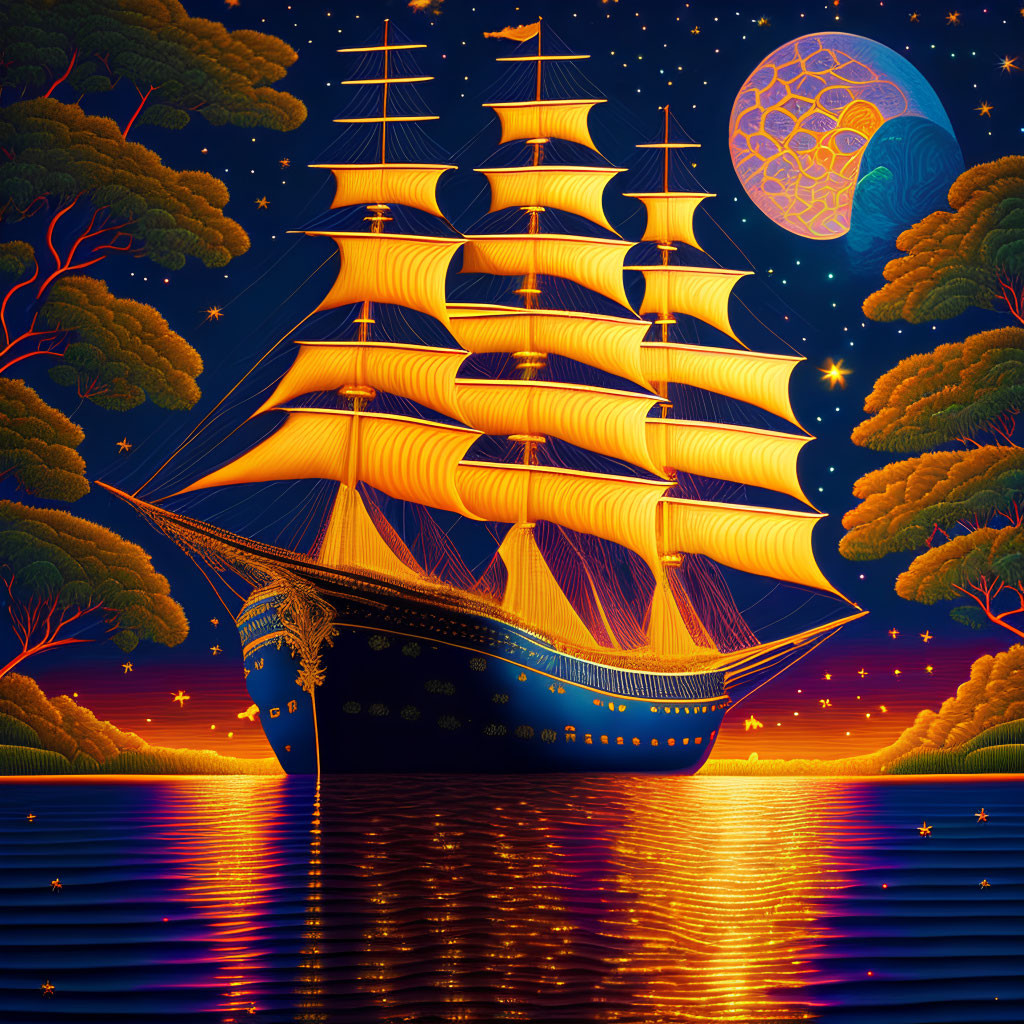 Tall ship with golden sails on calm ocean at night