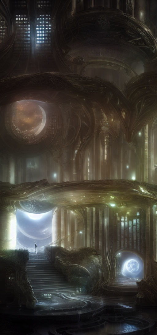 Solitary figure in ornate hall with glowing orbs and celestial backdrop