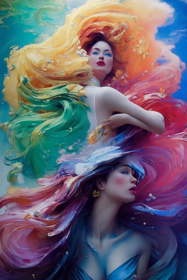 Vibrant underwater scene: Two women with colorful flowing hair and artistic makeup