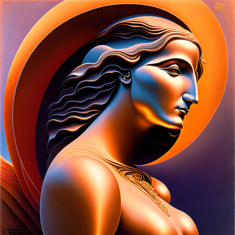 Woman with Flowing Hair in Orange and Blue Stylized Digital Art