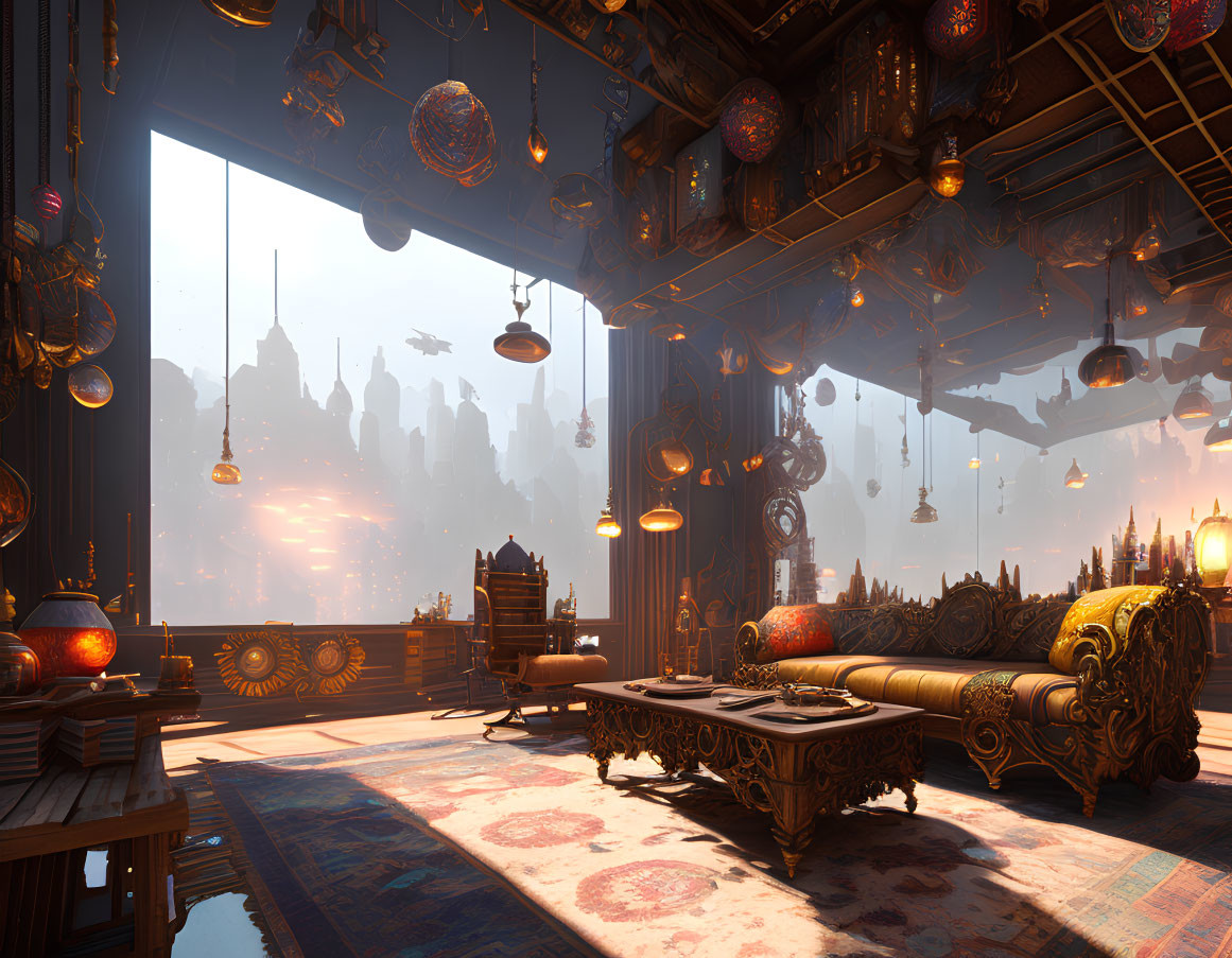 Steampunk-themed room with ornate furniture and gear-driven decor