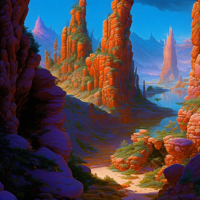 Vivid landscape with towering red rock formations and tranquil blue river