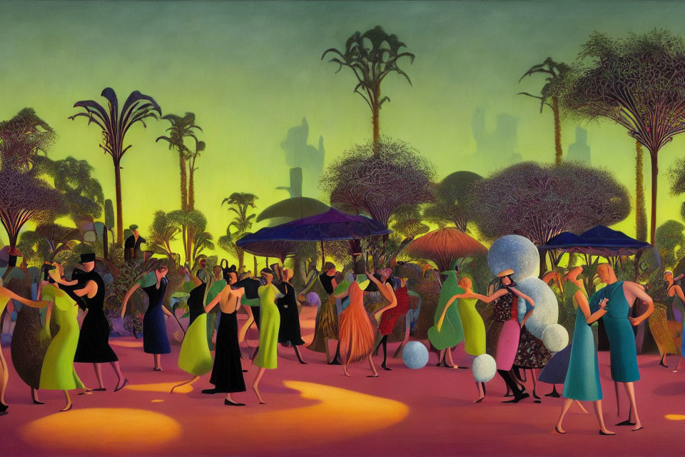 Colorful outdoor dusk painting of people dancing with umbrellas and whimsical trees