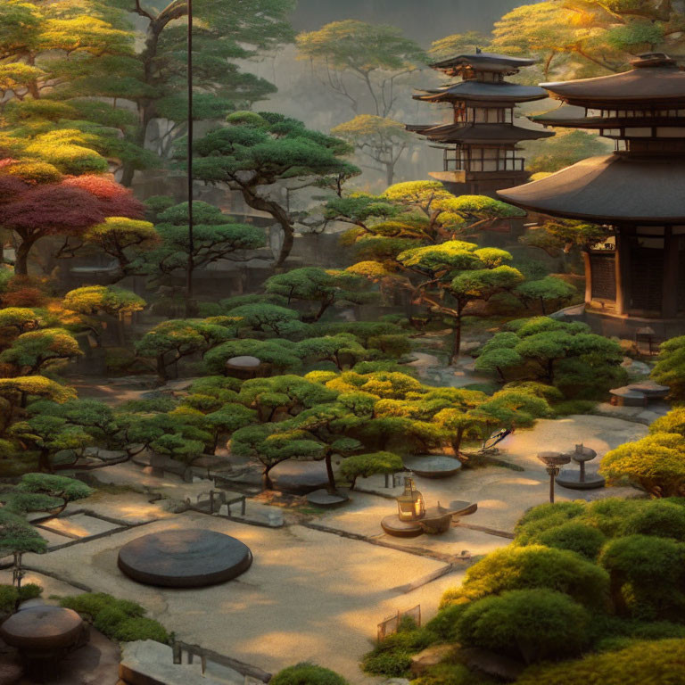 Tranquil Traditional Japanese Garden at Sunset
