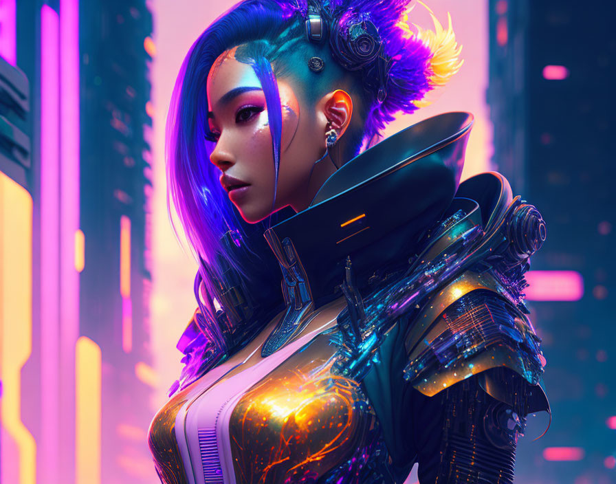 Futuristic female character with blue hair and cybernetic enhancements in glowing armor against neon-lit