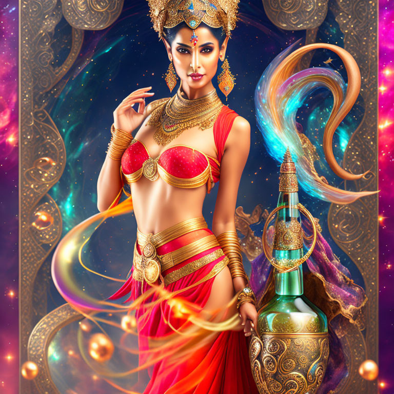 Illustration of woman in ornate headpiece and traditional attire against cosmic background with lamp and ethereal