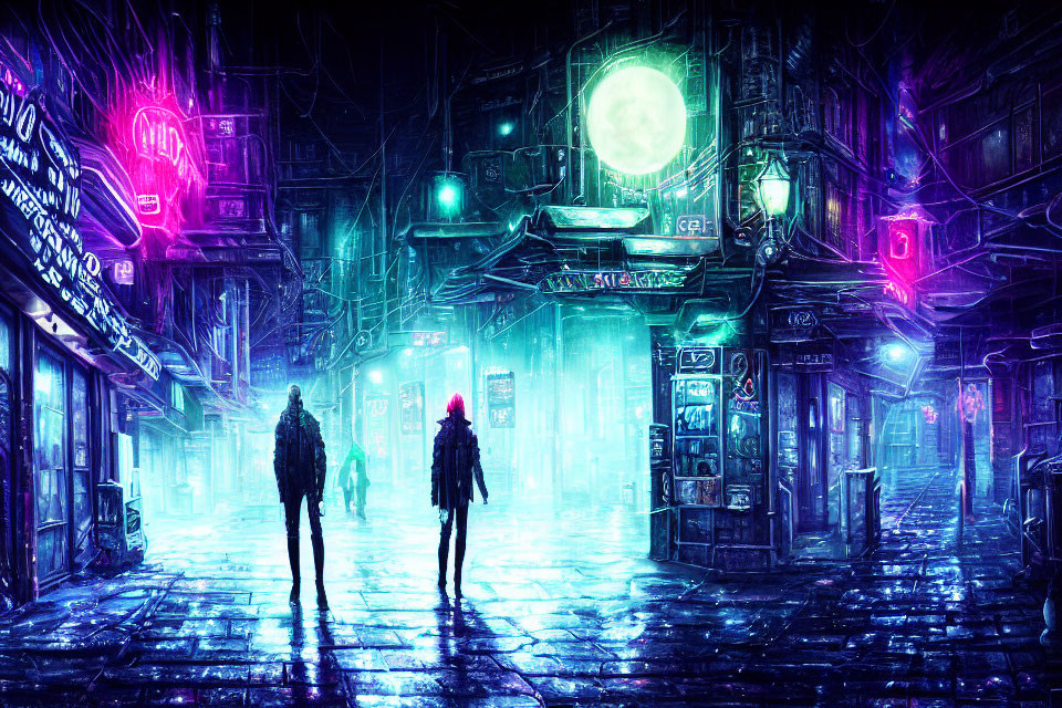 Silhouetted figures in neon-lit cyberpunk cityscape with full moon.