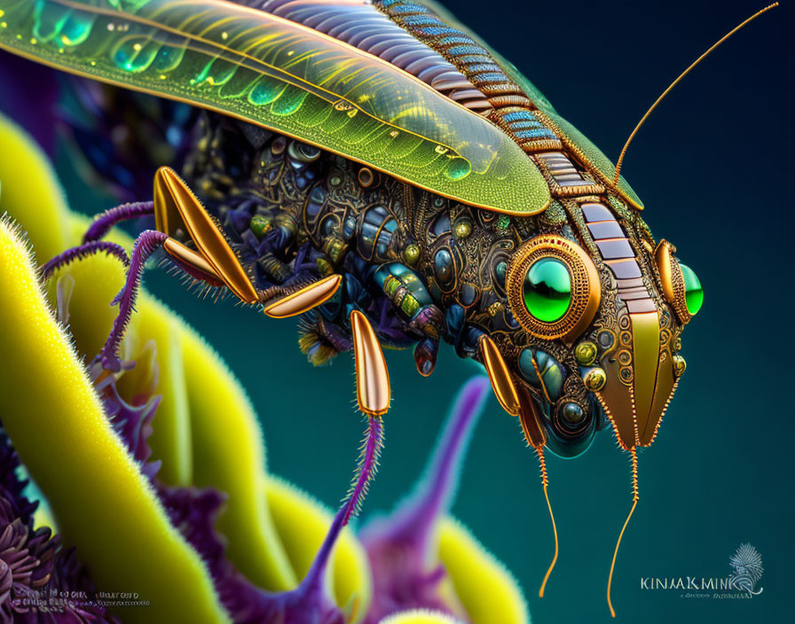 Detailed digital rendering of a mechanical insect with green eyes, gold wings, and metallic body on a plant