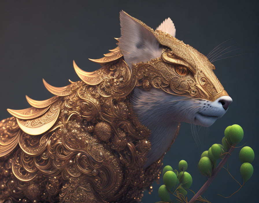 Regal fantasy creature with feline head in golden mask and armor