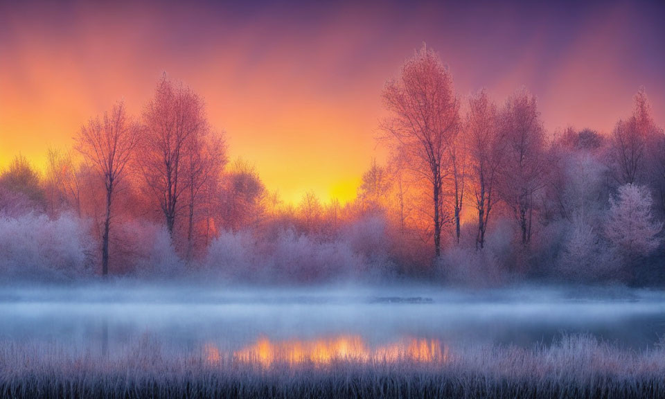 Misty Lake Landscape at Dawn with Colorful Sky