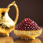Golden Teapot and Bowl with Pomegranates on Dark Red Background