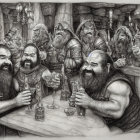 Animated dwarves feasting in tavern with warm, rustic backdrop