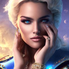 Blonde woman with blue eyes in cosmic portrait.