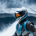 Futuristic astronaut in white and blue suit against snowy mountains and cloudy sky