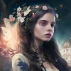 Fantasy woman digital artwork with floral crown and ethereal backdrop
