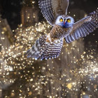 Stylized vivid owls in flight against starry background.