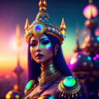 Blue-skinned woman in golden headgear and jewelry against vibrant backdrop
