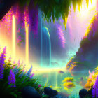 Tranquil fantasy landscape with vibrant flora, waterfalls, sunbeams, and serene pond