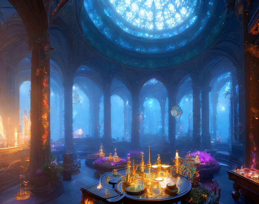 Opulent fantasy dining hall with vibrant decor and dazzling blue stained glass dome